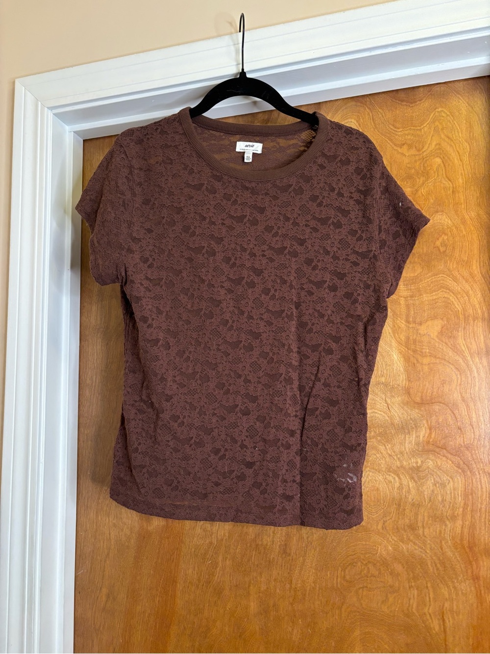 aerie Brown Floral Lace Short Sleeve Tee